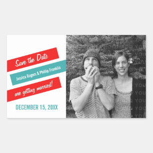 Moderne, schlanke Save the Date Aufkleber (rot/Aqu