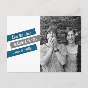 Moderne schlanke Save the Date Postkarte (blau/gra