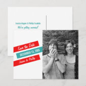 Moderne schlanke Save the Date Postkarte (rot/Aqua (Vorne/Hinten)