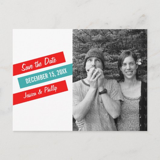 Moderne schlanke Save the Date Postkarte (rot/Aqua (Vorderseite)