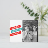 Moderne schlanke Save the Date Postkarte (rot/Aqua (Stehend Vorderseite)