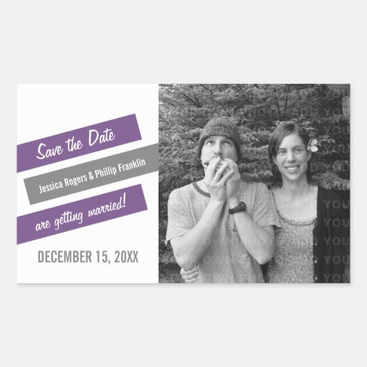 Moderne, schlanke Save the Date Stickers (Lila/gra (Vorderseite)
