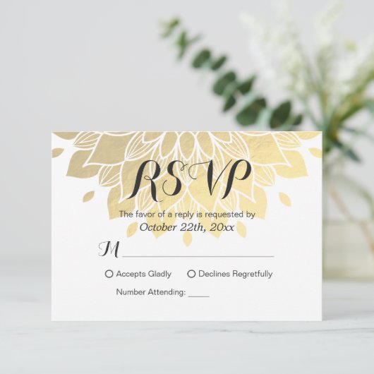 Moderne, schlicht weiße und goldene florale UAWG-R RSVP Karte (Stehend Vorderseite)