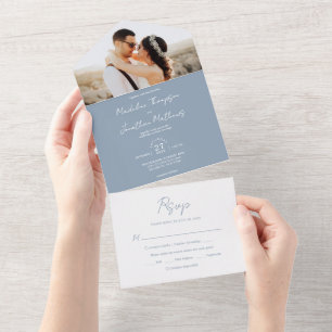 Moderne Schlichte Dusty Blue Foto UAwg Wedding All In One Einladung