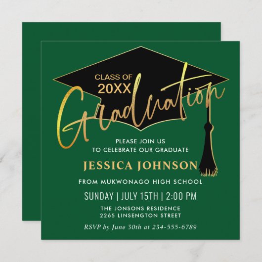 Moderne schlichte Golden Green Graduation Party Einladung (Vorne/Hinten)
