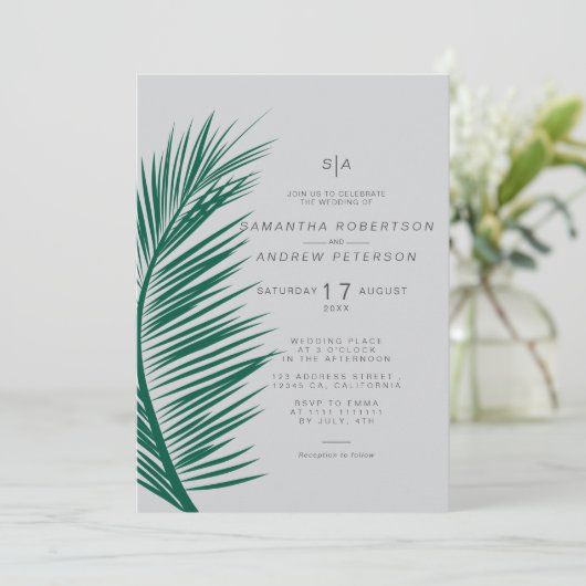 Moderne, schlichte Hochzeit aus grauem Palmenblatt Einladung (Stehend Vorderseite)
