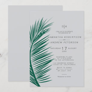 Moderne, schlichte Hochzeit aus grauem Palmenblatt Einladung