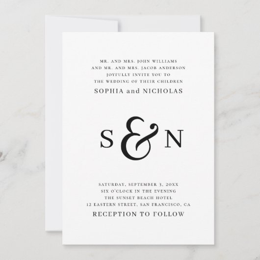 Moderne, schlichte Hochzeit in Schwarz-Weiß Einladung (Vorderseite)