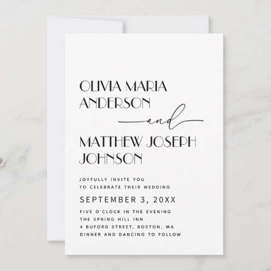 Moderne, schlichte Hochzeit in Schwarz-Weiß Einladung (Vorderseite)