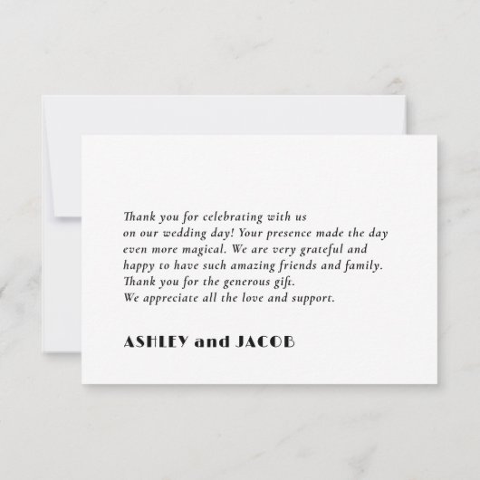 Moderne, schlichte, schwarz-weiße Hochzeit Dankeskarte (Rückseite)