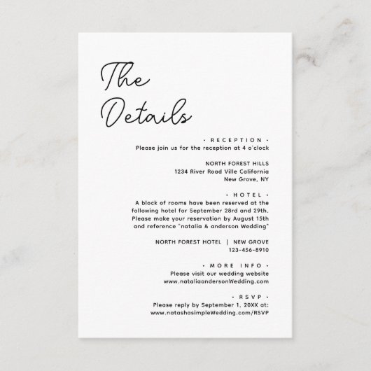 Moderne Schlichte Schwarz-weiße Hochzeitdetails Begleitkarte (Vorderseite)