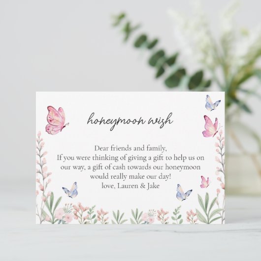 Moderne Schmetterlinge Brautparty Honeymoon Wish Begleitkarte (Stehend Vorderseite)