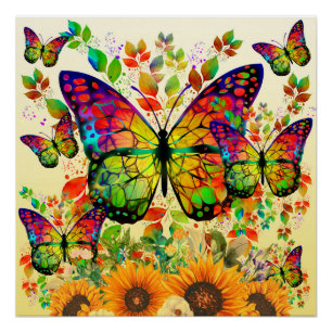 MODERNE SCHMETTERLINGE BUNTE REGENBOGEN SONNENBLUM POSTER