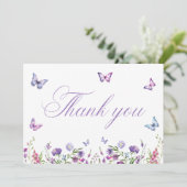 Moderne Schmetterlinge florales Lila Brautparty Dankeskarte (Stehend Vorderseite)