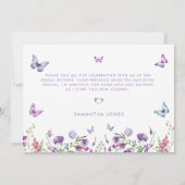 Moderne Schmetterlinge florales Lila Brautparty Dankeskarte (Rückseite)