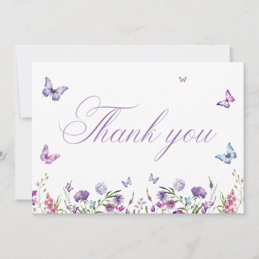 Moderne Schmetterlinge florales Lila Brautparty Dankeskarte (Vorderseite)