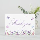 Moderne Schmetterlinge florales Lila Brautparty Dankeskarte (Stehend Vorderseite)