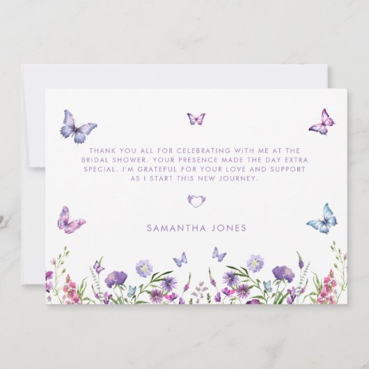 Moderne Schmetterlinge florales Lila Brautparty Dankeskarte (Rückseite)