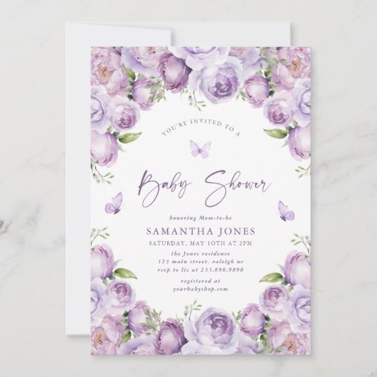 Moderne Schmetterlinge Lila Babydusche Einladung (Vorderseite)