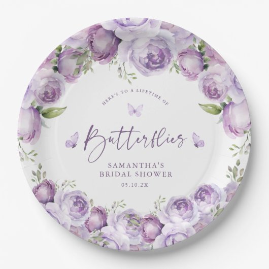 Moderne Schmetterlinge Lila florales Brautparty Pappteller (Vorderseite)