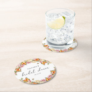 Moderne Schmetterlinge rosa Pfingstrosen Brausebad Runder Pappuntersetzer