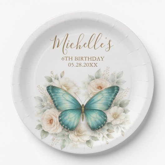 Moderne Schmetterlings- und Wildblumen-Geburtstags Pappteller (Vorderseite)