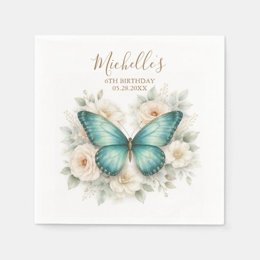 Moderne Schmetterlings- und Wildblumen-Geburtstags Serviette (Vorderseite)