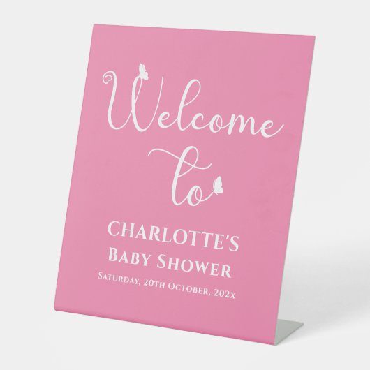 Moderne Schmetterlingskalligrafie Babydusche Willk Sockelschild (Vorderseite)