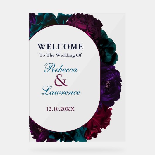 Moderne Schmucktöne Blumen Hochzeitsempfang Acrylschild (Vorderseite)