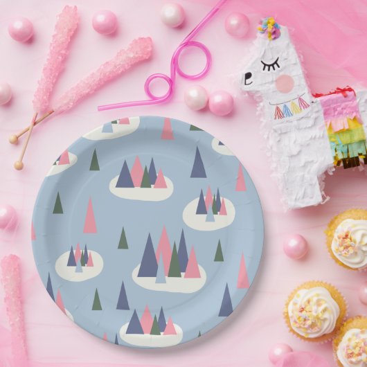 Moderne Schneebäume des Mitteljahrhunderts Pappteller (Party)