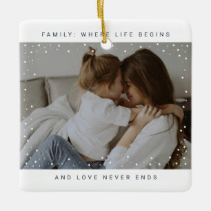 Moderne Schneebildüberlagerung mit zwei Familienfo Keramikornament