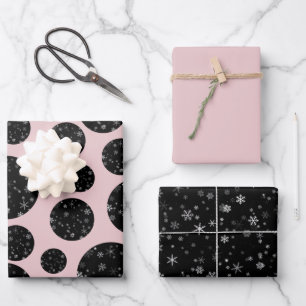 Moderne Schneeflocke Schwarzes Rosa Muster Weihnac Geschenkpapier Set
