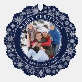 Moderne Schneeflocken Blau Frohe Weihnachten Foto Ornament Karte (Vorderseite)