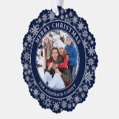 Moderne Schneeflocken Blau Frohe Weihnachten Foto Ornament Karte (Links)