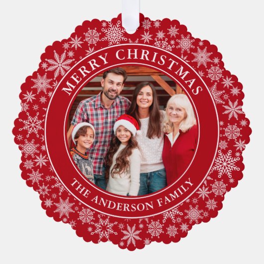 Moderne Schneeflocken Foto Frohe Weihnachten Rot Ornament Karte (Vorderseite)