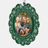 Moderne Schneeflocken Foto Happy Holidays Green Ornament Karte (Links)