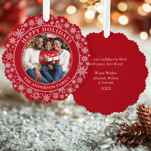 Moderne Schneeflocken Foto Happy Holidays Red Ornament Karte