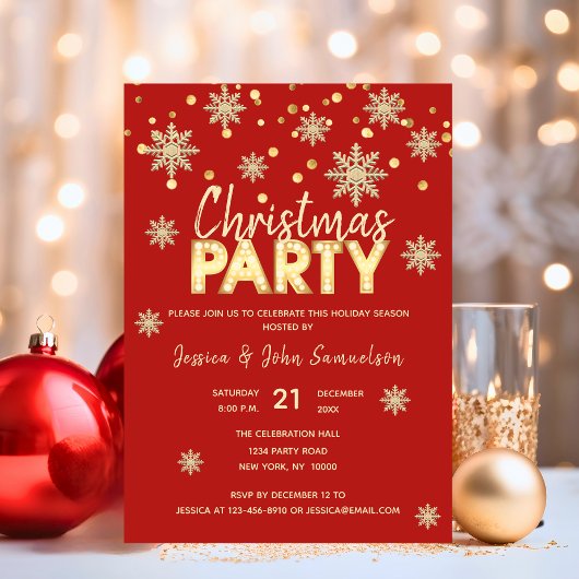 Moderne Schneeflocken Gold Red CHRISTMAS PARTY Einladung