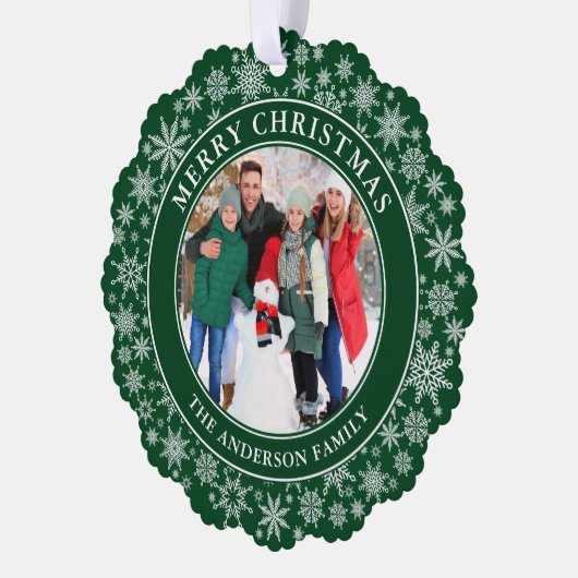 Moderne Schneeflocken Grün Frohe Weihnachten Foto Ornament Karte (Links)