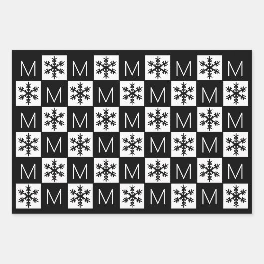 Moderne Schneeflocken mit Schwarzweiß-Monogramm Geschenkpapier Set (Vorderseite)
