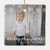 Moderne Schneeflocken Niedliches Foto Elegante Wei Keramikornament (Rückseite)