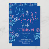Moderne Schneeflocken Rosa Blau 1. Geburtstag Part Einladung (Vorne/Hinten)