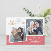 Moderne Schneeflocken Rosa Gold 2 Foto Weihnachten (Stehend Vorderseite)