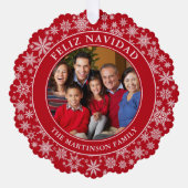 Moderne Schneeflocken Rotes Feliz Navidad Foto Ornament Karte (Vorderseite)