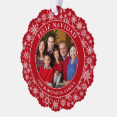 Moderne Schneeflocken Rotes Feliz Navidad Foto Ornament Karte (Links)