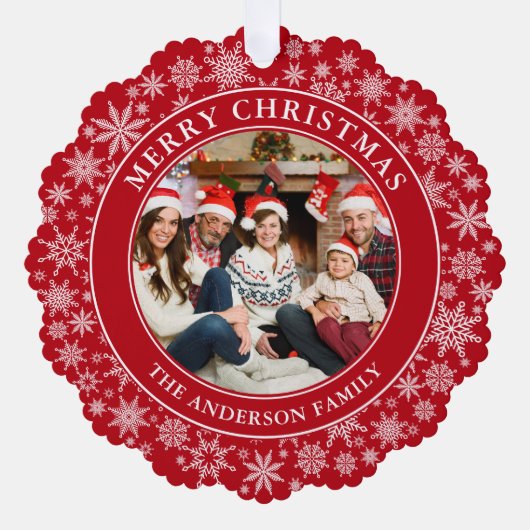 Moderne Schneeflocken Rotes Frohe Weihnachts-Foto Ornament Karte (Vorderseite)