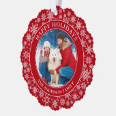 Moderne Schneeflocken Rotes Happy Holidays Foto Ornament Karte (Links)