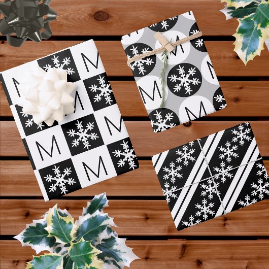 Moderne Schneeflocken Schwarzweiß-Monogramm hinzuf Geschenkpapier Set