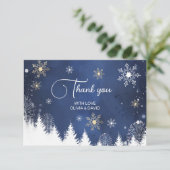 Moderne Schneeflocken Winter Navy und Gold Dankeskarte (Stehend Vorderseite)