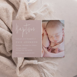 Moderne schöne Baby-Taufe Blush Foto Einladung